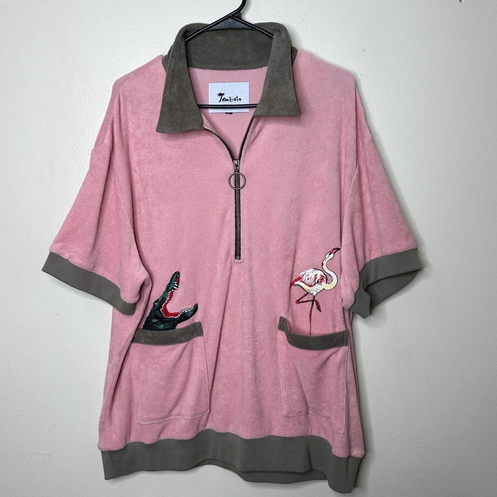 Tombolo Cabana Shirt Flamingo Tartare & Gator Terry Cloth Pink Gray fits size XL